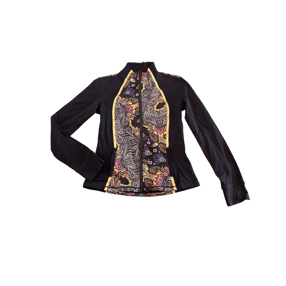 Noli Yoga Womens Black Psychedelic Paisley Print Full Zip Athletic Jacket Medium